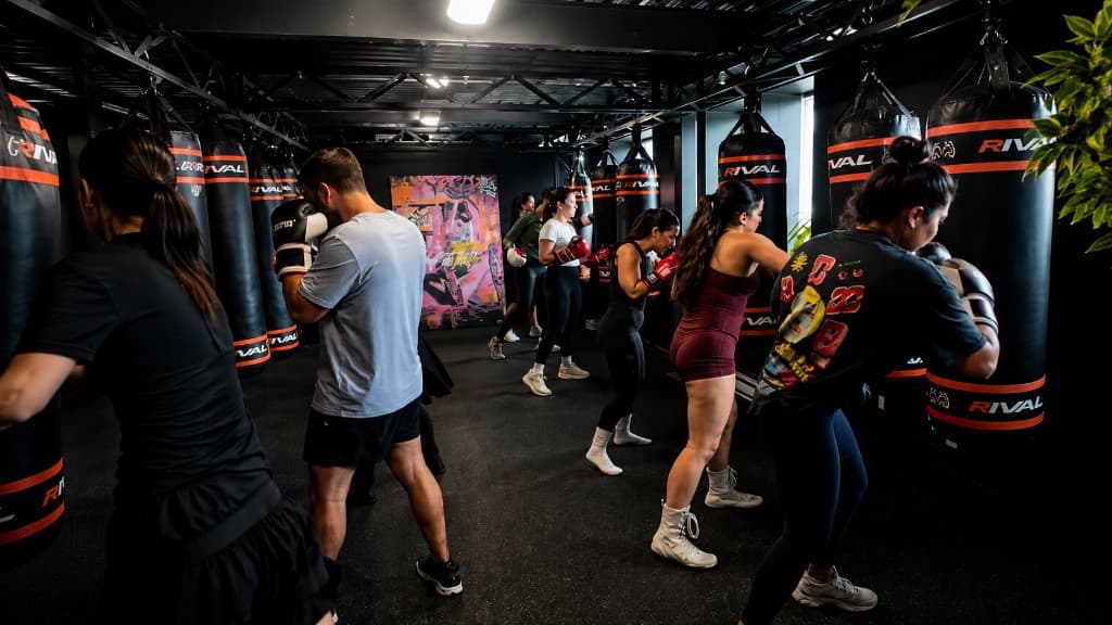 Corporate group boxing class training on heavy bags at SBT Boxing