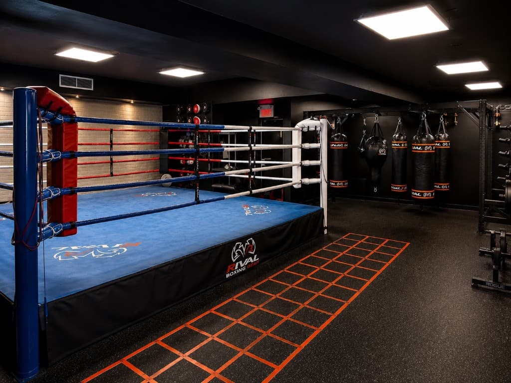 SBT Boxing ring alongside the heavy bag and strength training area
