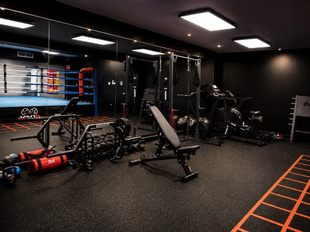 Strength and conditioning area with weights and equipment at SBT Boxing